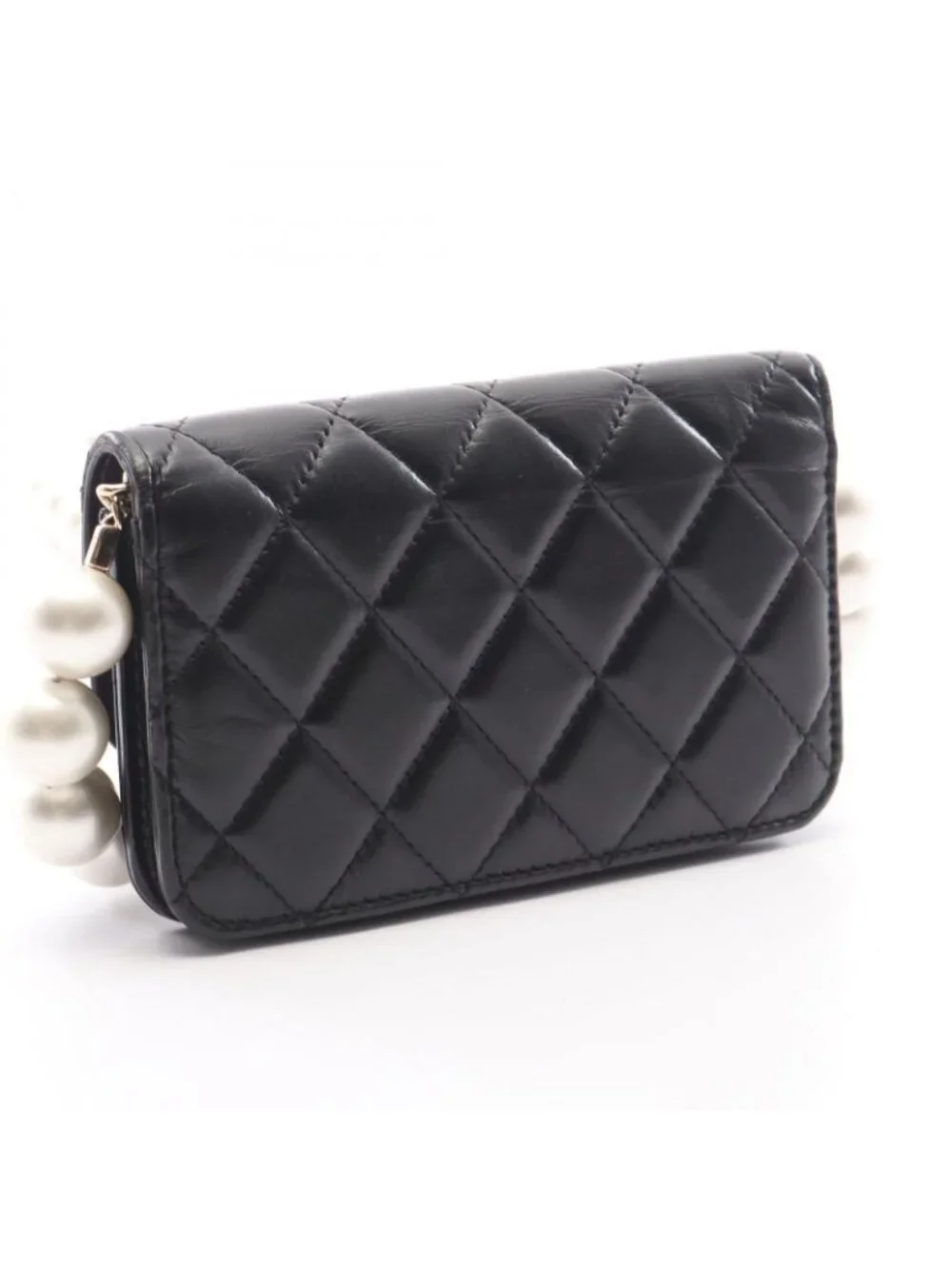 Chanel Shoulder Bag Quilted Pearl Chain Black Lambskin Wallet